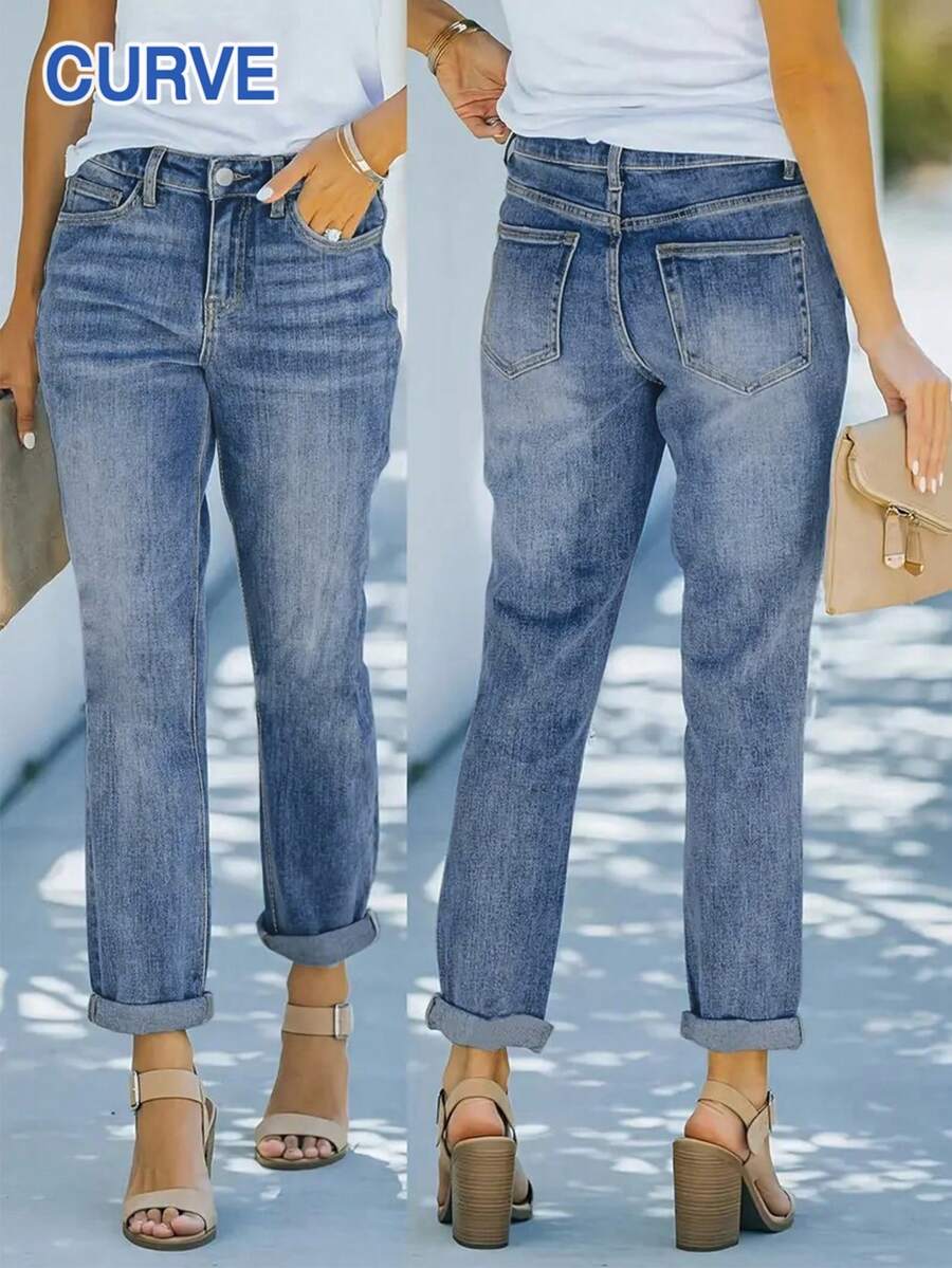 Plus Size Women Slim-Fit Versatile Straight Leg Denim Jeans, Old Money Style, Back-To-School, Teacher, Fall, Capri Pants, Office, Vintage, Mom Jeans, Summer, Bottoms, Denim, Business Casual
