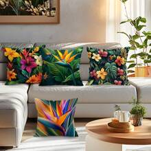 4 pièces Ensemble de housses de coussin imprimées de plantes tropicales et de fleurs, 45 cm x 45 cm, imprimé sur un seul côté
