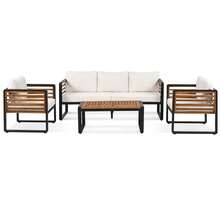 MERAX Large Size 4-Pieces Outdoor Furniture Sofa For 5 Person Conversation Set, Garden Sofa Set With Removable Cushion, Metal And Wood Frame Sofa Set, Thick Cushions, Acacia Wood Tabletop - Màu be - Xem 8