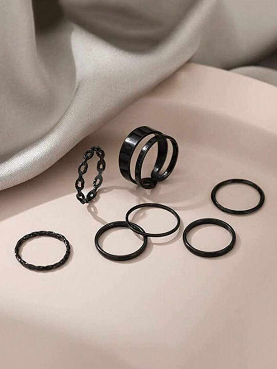 7pcs/Set Fashionable Minimalist Metal Twist Textured Knuckle Rings, Unique Design Finger Ring Sets For Women - Black - View 1