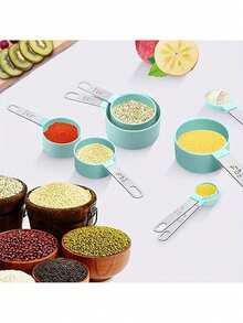 8pcs/Set Stainless Steel Handled Multi-Functional Plastic Measuring Spoons, Measuring Cups, Scaled Measuring Spoons Set, Cooking And Baking Tool, Essential Kitchen Gadgets For Home And School