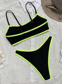 Women's Fashion Contrast Trim Spaghetti Strap Bikini Set, Summer