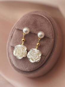 1 par de brincos de pino estilo francês retrô com rosas brancas e pérolas artificiais, adequados para uso diário feminino