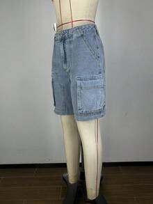 Women's Y2K Style Solid Color Casual Cargo Denim Shorts - Light Wash - View 2