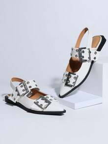 Women's Wide Buckle Ballet Flat Pumps Punk Fashion Metal Pointed Toe Chunky Heel Casual Comfy Party Street Slingback Ballerina Shoes - 白色 - 查看 2