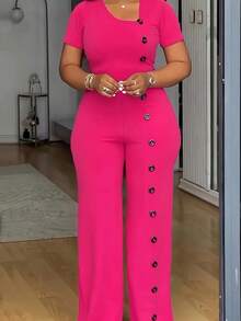 Formal Short Sleeve Button Up Office Women Straight Fit Jumpsuit - 玫紅色 - 查看 5