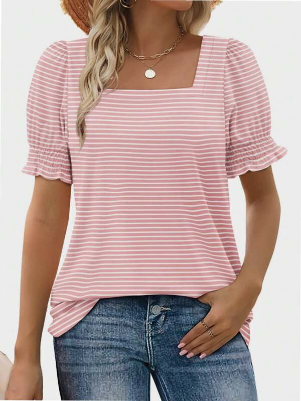 QGEMANWU Women's Square Neck T Shirt Ruffle Sleeve Casual Fashion Summer Tops Material