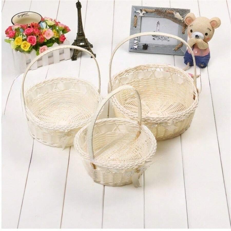 Cesta tejida redonda con flores, cesta pequeña de estilo rústico y campestre para niña de las flores, cesta para lanzar flores, cesta para empaquetar regalos de flores, cesta romántica para la niña de las flores en la boda, cesta decorativa de almacenamiento