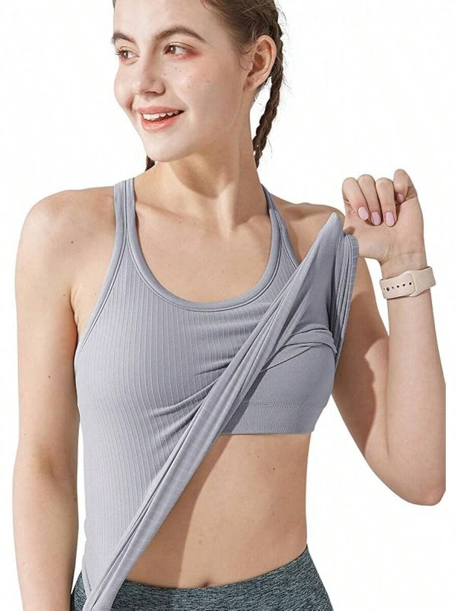 Yoga Racerback Tank Top For Women With Built In Bra,Women's Padded Sports Bra Fitness Workout Running Shirts - 灰色 - 查看 1