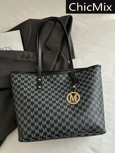 Bolso de hombro casual de moda para mujer con bolso tote de gran capacidad con estampado de letras y colgante con letra. Apto para compras, billeteras, compras, mujeres jóvenes, estudiantes universitarios, recién llegados y trabajadores de cuello blanco. Son muy adecuados para oficinas, universidades, trabajo, negocios, viajes al trabajo, actividades al aire libre, viajes y salidas.