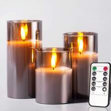 3pcs Flameless Candles, Battery Powered Flameless Candles With Remote Control And Timer, LED Candles Flickering With Warm Light, Acrylic Fake Candles, Flickering Flameless Candles, Electric Candles, Grey Pillar Candles For Wedding, Birthday, Party, Home, Room, Bedroom, Centerpiece, Table, Outdoor Decor - Grey - View 9