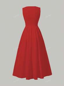 Vestido elegante de estilo francés con cuello en V, pliegue en la cintura y falda acampanada, sin mangas, patchwork vintage, fluido para playa, fiesta y ocasiones formales -Nuevo lanzamiento 2025