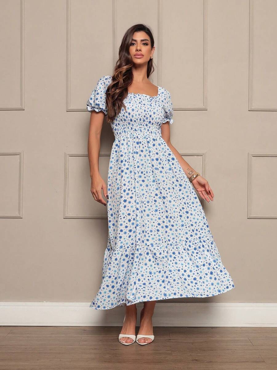 Long Dress With Puffed Sleeves Elastex Print - Blue and White - View 1