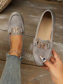 New Lightweight Casual Slip-On Loafers For Women, Versatile, Breathable For Daily Commute & Vacation, Lace-Up Round Toe, Lightweight Lychee Texture Leather Upper, Grey - Grey - View 5