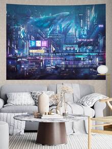 赛博朋克霓虹城市景观紫外线反应挂毯故障代码艺术未来主义城市卧室办公室装饰科技爱好者礼物夜光前卫鲜艳色调 - 彩色 - 查看 2