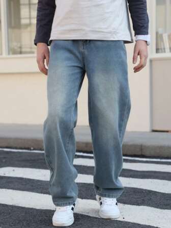 Teens/Tweens Boys' Vintage Washed Casual Straight Leg Jeans, American Style, Spring/Autumn New Versatile Denim Pants For Older Boys