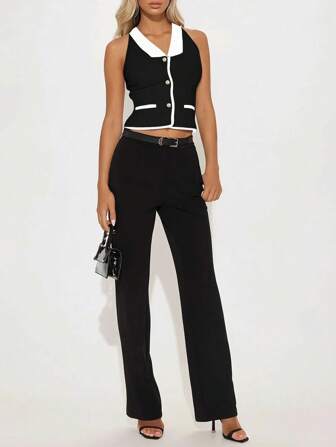 女士时尚优雅通勤无袖黑白撞色翻领单排扣弹力针织短款上衣，春夏款