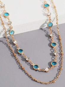 1pc Women Elegant Crystal Inlaid Double Chain Necklace, Suitable For Daily Wear, Balls, Galas, Parties, Gift, Fashion High-End Decorative Jewelry - Yellow Gold - View 7