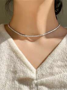 1pc Women's Fashion Bling Bling Copper Zirconia Stone Short Choker Necklace, Versatile Everyday Accessory, Gift - Silver - View 2