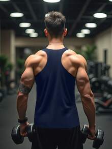 1pc Dark Blue Simple Printed Summer Men's Sportswear, Comfortable Sleeveless Round Neck Fitness Clothes, Suitable For Running, Various Fitness Activities, Outdoor Sports, And Casual Outings - Navy Blue - View 6