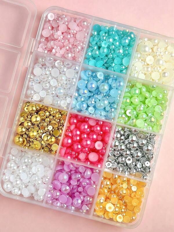 صندوق خرز مختلط 12 خلية من الراتنج ثلاثي الأبعاد ذو لؤلؤ متعدد الألوان ، خرز شبه دائري متعدد الاستخدامات ، زينة أظافر مسطحة من الراين ستون ، اكسسوارات أظافر DIY ، لوازم أظافر ، تميمة أظافر ، جواهر أظافر