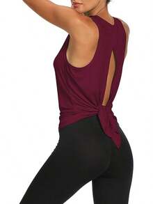 Bestisun Workout Tops Open Back Shirts Gym Athletic Clothes Tie Back Musle Tank For Women - Khaki - View 5