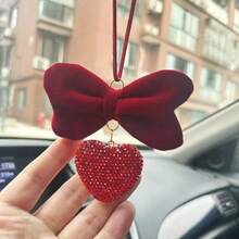 1pc Car Rearview Mirror Hanging Decoration, Bow Knot & Rhinestone Heart Shaped Pendant Charm, Suitable For Backpack, Home Decor - Multicolor - View 1