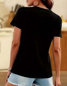 Camisetas De Mujer  Manga Corta con Estampado  De Dibujos Fresa chocolate ,cuello redondo Casual Negra Playeras De Mujer con estampado de dibujos animados - Negro - Ver 2