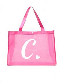 Túi lưới đi biển in chữ cái A-Z và hình trái tim, túi xách đi biển gấp gọn, dung tích lớn, nhẹ, chất liệu lưới, trong suốt, thích hợp để đựng đồ đi biển và mua sắm, túi vuông, túi xách tay, túi đeo vai, túi lưới. - Hồng - Xem 16