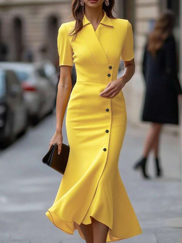 Spring And Summer New Fashion Solid Color Elegant Button Ruffle Lapel Cross Short Sleeve Ladies Long Dress