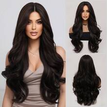 简约黑棕色长卷发假发 26 英寸蓬松透气轻盈中分刘海合成纤维假发女士日常派对假发音乐节时尚浪漫情人节假发都市时尚假发 - Black-brown - 查看 12