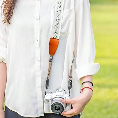 1 件复古相机带 - 可调节 DSLR 肩带，带花卉图案，米色末端和金属扣，适用于摄影设备的相机带，适合摄影师