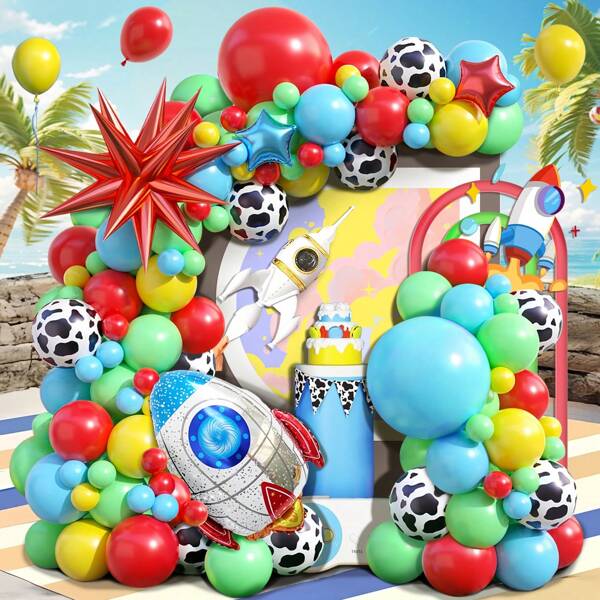 104pcs Cartoon Toy Theme Balloon Arch Kit, Red, Blue, Yellow, Green Balloons With Explosion, Rocket, Foil Balloons, Suitable For Toy, Space Theme Birthday Party, Photo Background, Back To School, Carnival Decoration