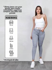 Skinny Jeans Tipo Cargo, Pantalones Pegados Color Azul con Detalles de Desgarre y Cinturón,  Efecto Levanta Glúteos que Moldea la Figura - Gris Claro HSL7039 - Ver 2
