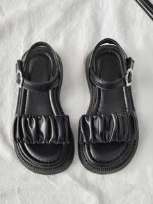 1 双女童夏季时尚凉鞋，时尚耐磨防滑休闲平底凉鞋 - 黑色 - 查看 1