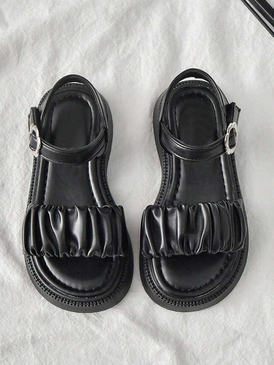 1 双女童夏季时尚凉鞋，时尚耐磨防滑休闲平底凉鞋 - 黑色 - 查看 1