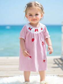 Toddler Baby Girl Baseball Outfit Short Sleeve Baseball Embroidery Smocked Dress Polo A-Line Dress Sprots Summer Clothes - Pink - View 4