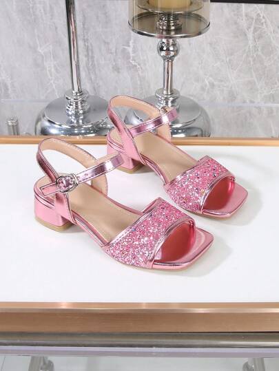 Elegant High-End Shiny Party High Heel Sandals, Open Toe High Heels, Breathable And Lightweight Dress Shoes For Party, Performance, Banquet, Wedding, Square Toe High Heel Sandals