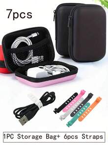 1PC Portable Mini Storage Bag And 6pcs Multi-Color Cable Ties, Multi-Color Reusable Multifunctional 5-Hole Silicone Cable Ties, Cable Management, Colorful Silicone Ties Bag Clip, Cable Straps, Bread Tie, Mobile Phone Charger Data Cable Organizer Bag Travel Essentials Travel Accessories Travel Must Haves - Multicolor - View 2
