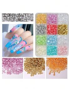 Hộp 12 ô đựng ngọc trai nhiều màu sắc 3D bằng nhựa hỗn hợp, ngọc trai bán nguyệt đa năng đính đá Rhinestone phẳng trang trí móng tay, phụ kiện làm móng tự làm, đồ dùng làm móng, đồ trang trí móng, đá quý làm móng - Nhiều màu - Xem 2