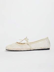 Women's White Ballet Flats With Bow Decor, Flower Embroidery, Breathable Mesh Vamp, Square Toe, Suitable For Wide Or Plump Feet, Summer Mary Jane Shoes