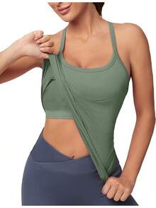 Workout Tops Women With Built In Bra, Sleeveless Gym Tops Seamless Racerback Athletic Yoga Shirts, Activewear - 灰綠色 - 查看 1