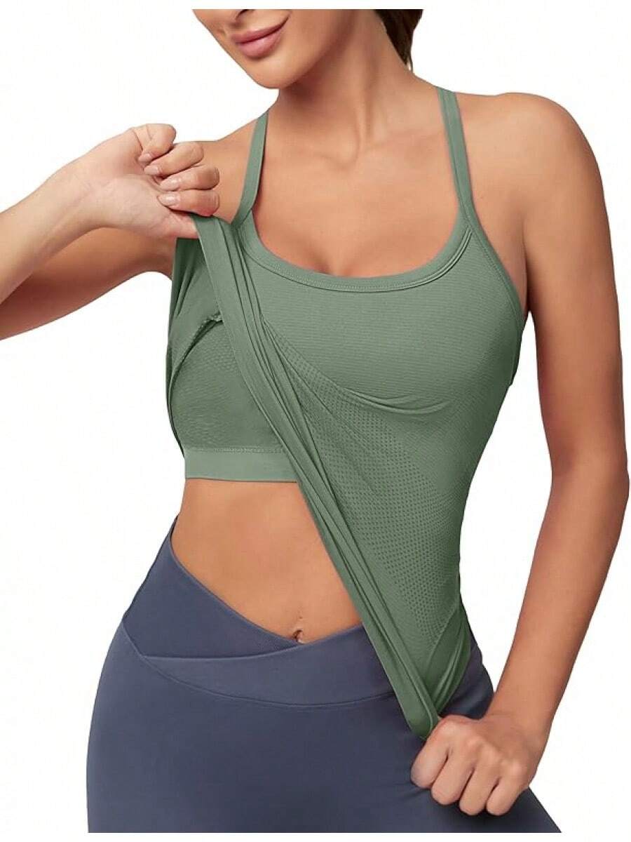 Workout Tops Women With Built In Bra, Sleeveless Gym Tops Seamless Racerback Athletic Yoga Shirts, Activewear - 灰綠色 - 查看 1