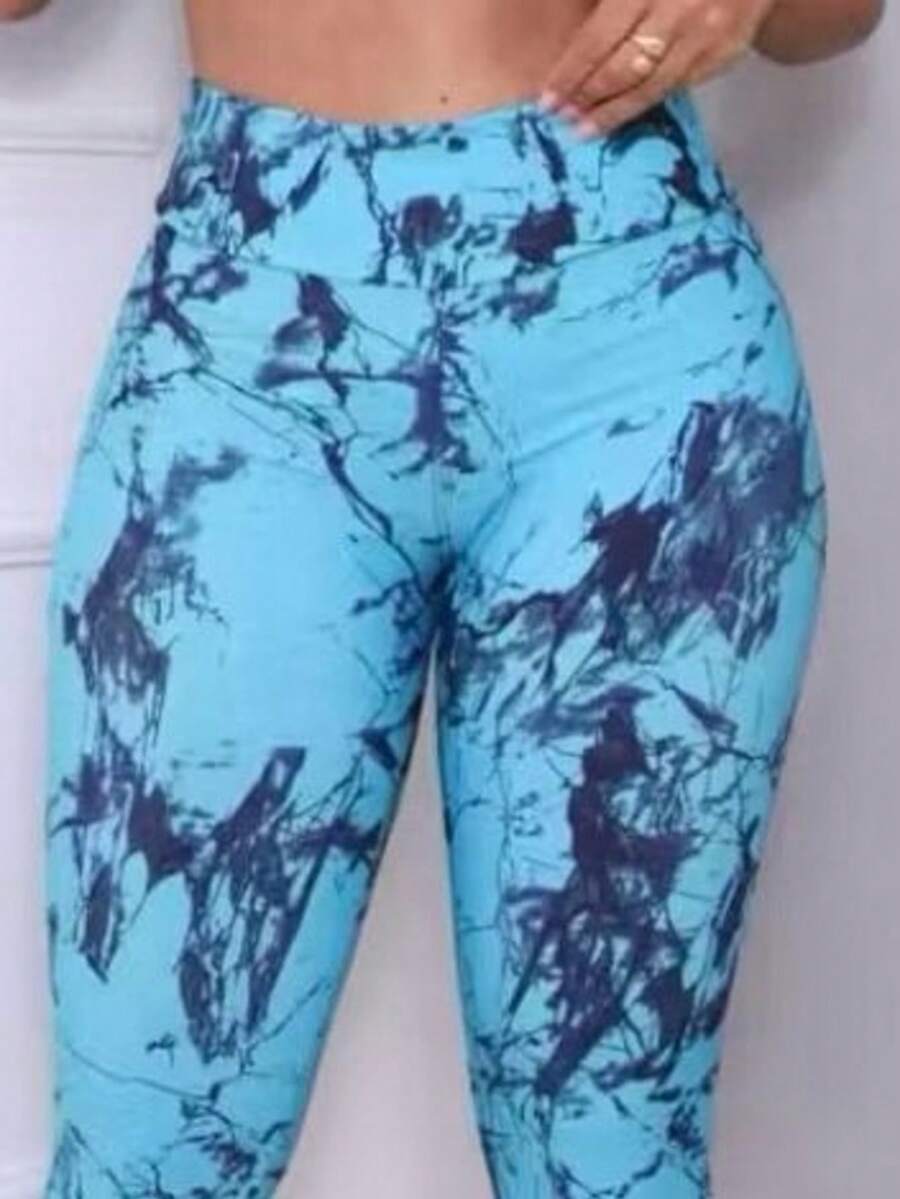 Women's Marbled Gym Leggings - Blue - View 1