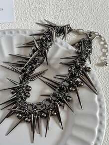 1 pezzo Collana alla moda punk con catena di borchie, perline e nappe, collana choker chic e di lusso, accessorio perfetto con jeans/pantaloni, ottimo regalo per estate, scuola, autunno, Ognissanti