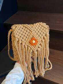 Fabric Zipper High Quality Crossbody Bag Flower Solid Color Stylish Versatile Shoulder Bag Soft Fashion Designer Handbag Summer Shoulder Bag For Women Handmade Tassel Beach Bags Woven Handbags Vacation Shoulder Crossbody Bags New Gift - Camel - View 2