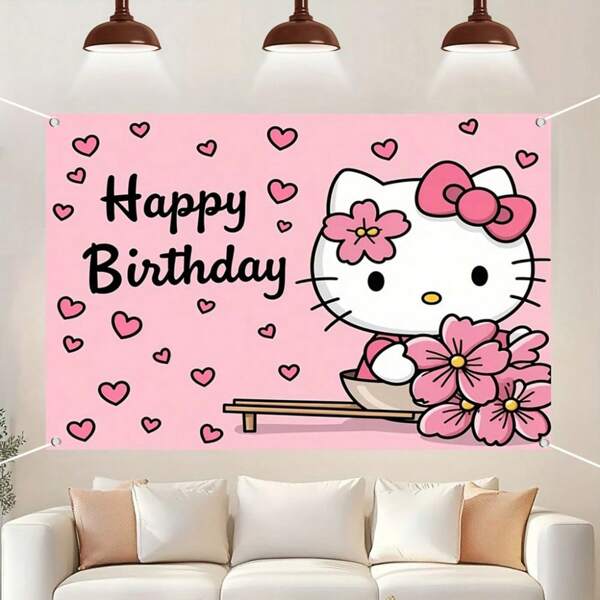 Sanrio 1 pieza Fondo de tela con diseño de Hello Kitty para decoración de fiesta de cumpleaños, tela de fondo rosa de fibra de poliéster para decoración de fiesta, festival o revelación de género, adecuada para fiestas de cumpleaños, 150 * 100cm