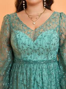 Plus Size V-Neck Sheer Long Lantern Sleeve Maxi Formal Dress, High-End, Bridesmaid Dress - Green - View 6