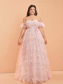 Plus Size Off Shoulder Embroidery Draped Mesh Maxi Wedding Dress, Bridesmaid Dress - Pink - View 5