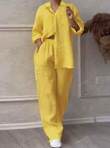 Casual Polo Collar Cardigan & Wide Leg Pants Set, Elegant, Versatile, Slimming, Solid Color Chic Shirt Top, Soft Fabric, Comfortable For Beach Vacation, Daily/Office Commute, Loose Waist Pants, 2 Pieces Outfit